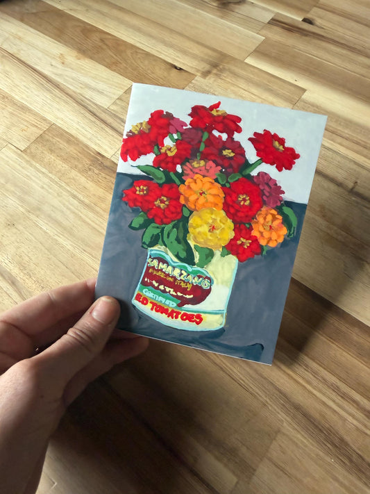 Zinnias in Can Art Card | Original Floral Still Life Painting (A2)